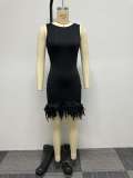 Solid Color Sleeveless Feather Patchwork Mini Dress NY-2767