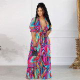 Print Half Sleeve Ruffles Loose Two Piece Pants Set NY-2746