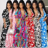 Print Half Sleeve Ruffles Loose Two Piece Pants Set NY-2746