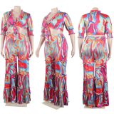 Print Half Sleeve Ruffles Loose Two Piece Pants Set NY-2746