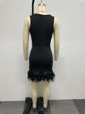 Solid Color Sleeveless Feather Patchwork Mini Dress NY-2767
