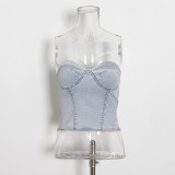 Plus Size Fashion Denim Tube Tops Two Piece Pants Set YMEF-5315