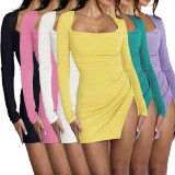 Sexy Solid Color Backless Slit Mini Dress ASL-6682