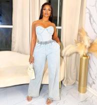 Plus Size Fashion Denim Tube Tops Two Piece Pants Set YMEF-5315