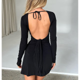 Sexy Solid Color Backless Slit Mini Dress ASL-6682