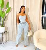 Plus Size Fashion Denim Tube Tops Two Piece Pants Set YMEF-5315