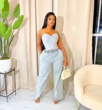 Plus Size Fashion Denim Tube Tops Two Piece Pants Set YMEF-5315