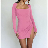 Sexy Solid Color Backless Slit Mini Dress ASL-6682