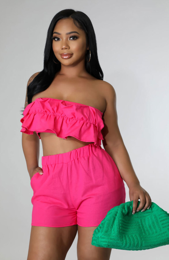 Casual Solid Wrap Chest Shorts Two Piece Set XHXF-8628