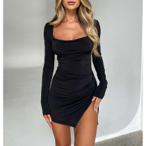 Sexy Solid Color Backless Slit Mini Dress ASL-6682