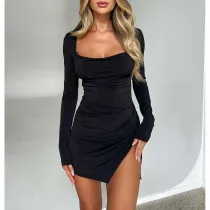 Sexy Solid Color Backless Slit Mini Dress ASL-6682