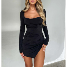 Sexy Solid Color Backless Slit Mini Dress ASL-6682