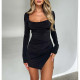 Sexy Solid Color Backless Slit Mini Dress ASL-6682