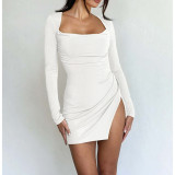 Sexy Solid Color Backless Slit Mini Dress ASL-6682