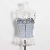 Plus Size Fashion Denim Tube Tops Two Piece Pants Set YMEF-5315