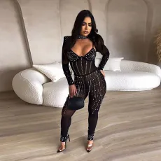 Hot Drill Peal Inlay Hollow Out Jumpsuit NY-2751