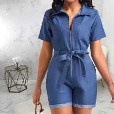 Fashion Denim Lapel Romper(With Waist Belt) HSF-2744