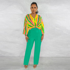 V Neck Print Long Sleeve Pants Two Piece Set YF-10536
