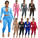 Solid Velvet Long Sleeve 2 Piece Pants Sets YD-8652