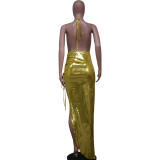Sexy Halter Backless Pleated Irregular Dress YS-S858