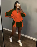 Casual Color Blocking Zipper Two Piece Shorts Set YD-8759