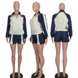 Casual Color Blocking Zipper Two Piece Shorts Set YD-8759
