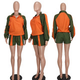 Casual Color Blocking Zipper Two Piece Shorts Set YD-8759