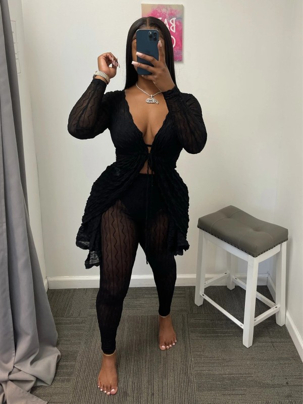Fashion Long Sleeve Long Cardigan And Pants Suit QXTF-8202