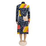 Color Blocking Print Long Sleeve Shirt Dress BY-6501