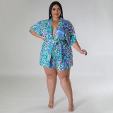 Plus Size Casual Print Tie Up Two Piece Shorts Set NNWF-7889