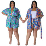 Plus Size Casual Print Tie Up Two Piece Shorts Set NNWF-7889