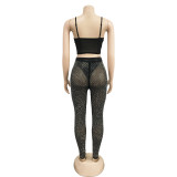 Sexy Solid Mesh Hot Drill Two Piece Pants Set BY-6540