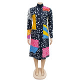 Color Blocking Print Long Sleeve Shirt Dress BY-6501