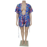 Plus Size Casual Print Tie Up Two Piece Shorts Set NNWF-7889
