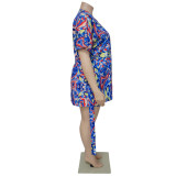 Plus Size Casual Print Tie Up Two Piece Shorts Set NNWF-7889