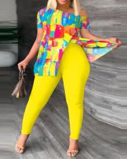 Plus Size Fashion Print Slit Tops And Pants Two Piece Set SHD-9619