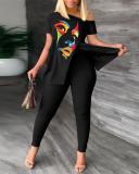 Plus Size Fashion Print Slit Tops And Pants Two Piece Set SHD-9619