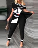 Plus Size Fashion Print Slit Tops And Pants Two Piece Set SHD-9619