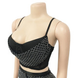 Sexy Solid Mesh Hot Drill Two Piece Pants Set BY-6540