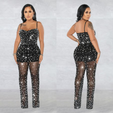 Sexy Mesh Hot Diamonds Sling Jumpsuit BY-6556