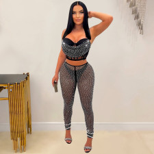 Sexy Solid Mesh Hot Drill Two Piece Pants Set BY-6540