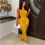 Solid Sleeveless Vest And Tassel Pants Two Piece Set MDF-5380