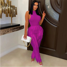 Solid Sleeveless Vest And Tassel Pants Two Piece Set MDF-5380