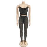 Sexy Solid Mesh Hot Drill Two Piece Pants Set BY-6540