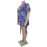 Plus Size Casual Print Tie Up Two Piece Shorts Set NNWF-7889