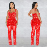 Sexy Mesh Hot Diamonds Sling Jumpsuit BY-6556