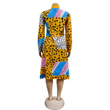 Color Blocking Print Long Sleeve Shirt Dress BY-6501