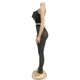 Sexy Solid Mesh Hot Drill Two Piece Pants Set BY-6540