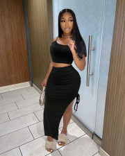 Solid Color Sleeveless Tops And Slit Skirts Two Piece Set QZX-6283