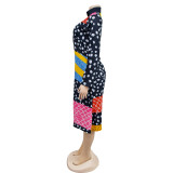 Color Blocking Print Long Sleeve Shirt Dress BY-6501
